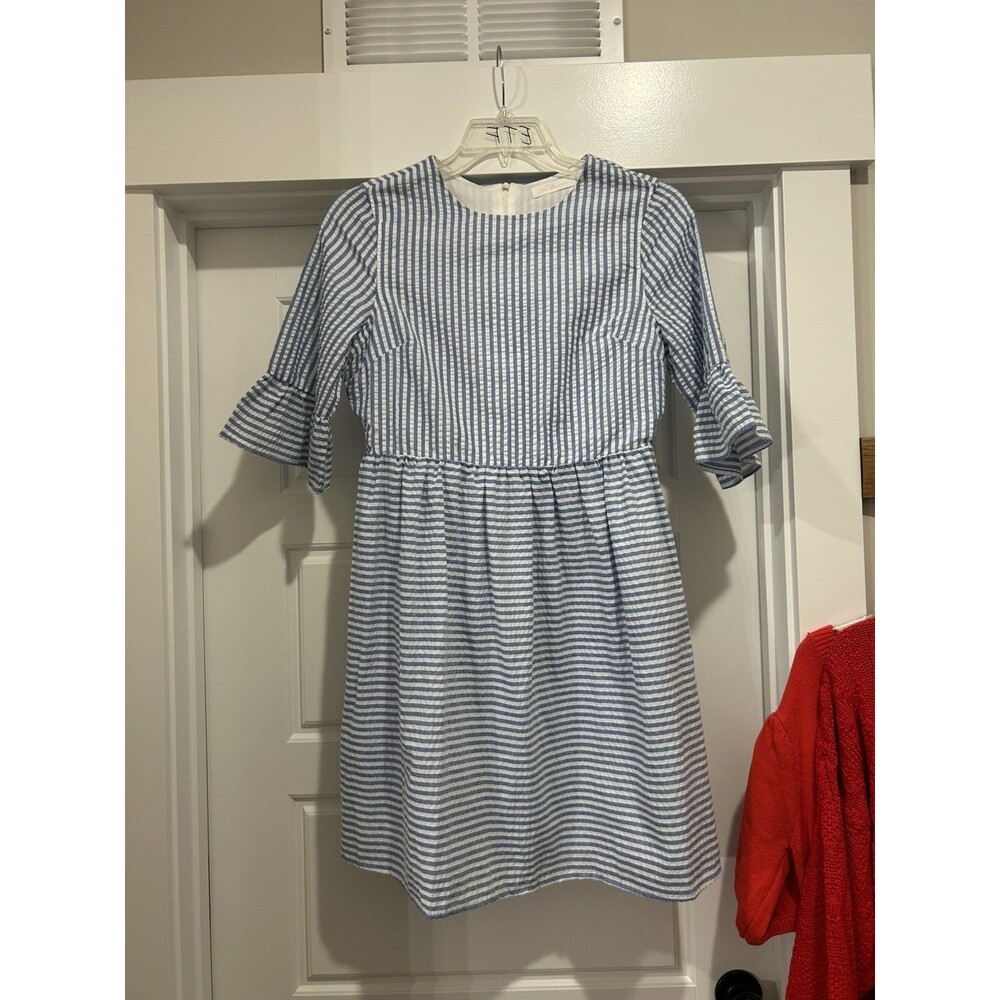 Women’s Size Small Blue Striped Bell Sleeve Fit & Flare Casual Game Day Modest